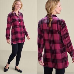 Soft Surroundings Maize Plaid Velvet Tunic Pink Silk Blend Women's Size M